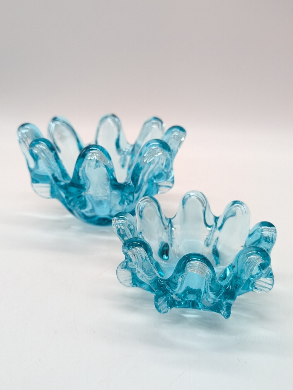 Vintage Aqua Blue Glass Swung Ruffle Edge Small Containers Set Of 2